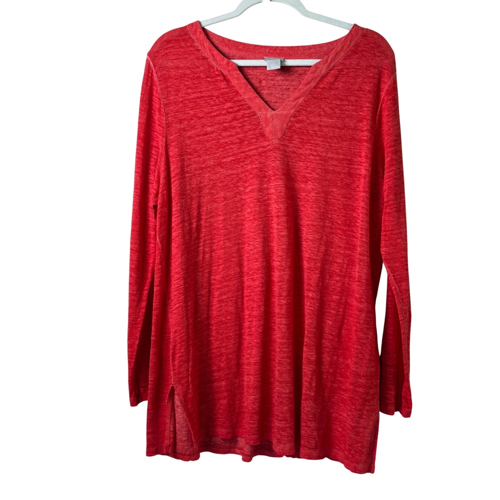 Chicos Tunic Top Women Size 2 Large Red 100% Linen Long Sleeve V Neck Coastal